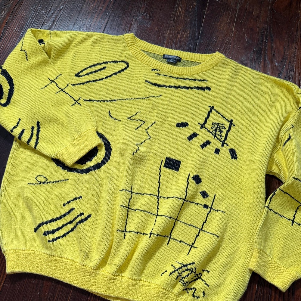 Vintage 90s Esprit Sport Sweater Men L Yellow Abstract Geometric Knit Taiwan ROC